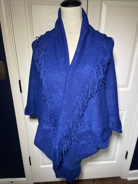NWOT Marvelush by Layers by Lizden Blue Fringe Cocoon Cardigan Wrap Sweater